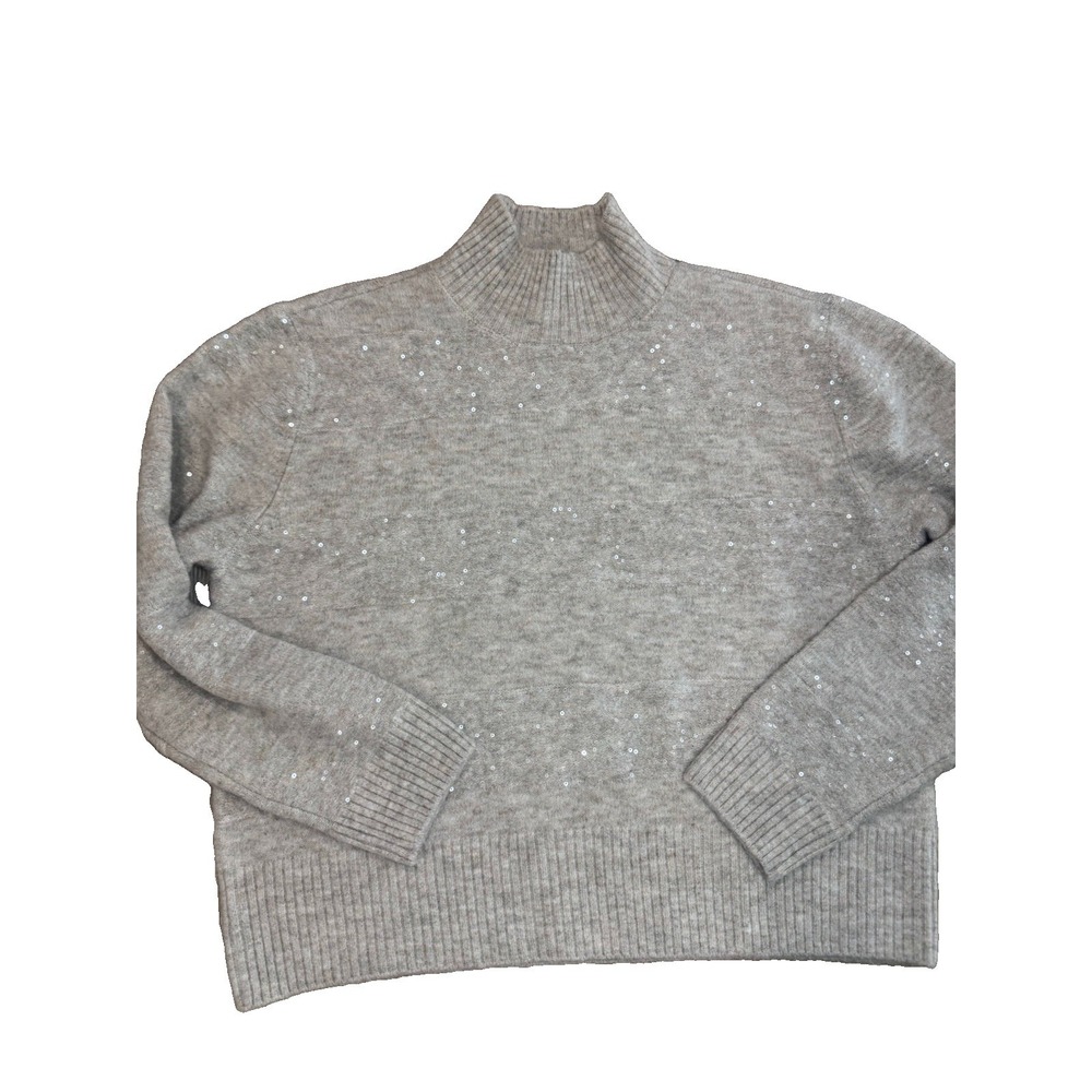 CeCe L Gray Mock Neck Sweater Silver Sequin Soft Knit Holiday Sparkle